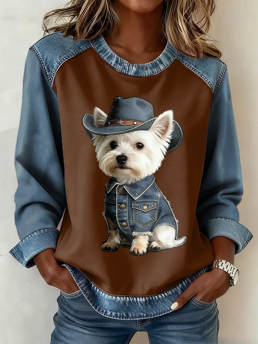 Mujer Animal Lover Dog Print Denim Patchwork Top
