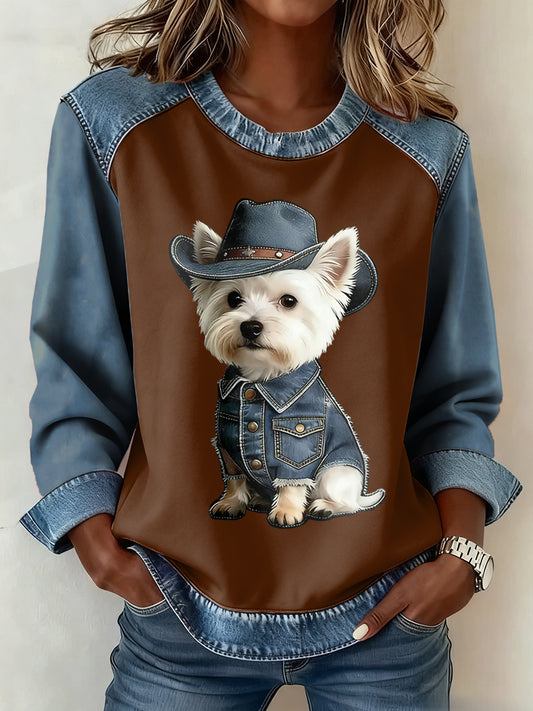 Mujer Animal Lover Dog Print Denim Patchwork Top
