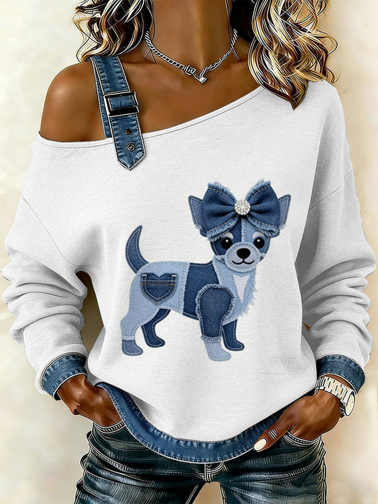 Sudadera casual con estampado de retazos de perro vintage para mujer
