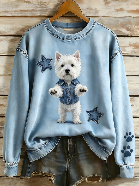 Retro Denim Patchwork Animal Art Print Casual Comfort Sudadera de manga larga para mujer