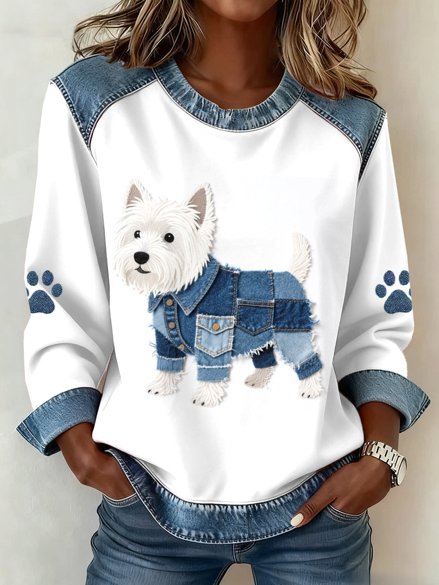 Encantadora West Highland White Terrier Patrón Denim Patchwork Sudadera de mujer