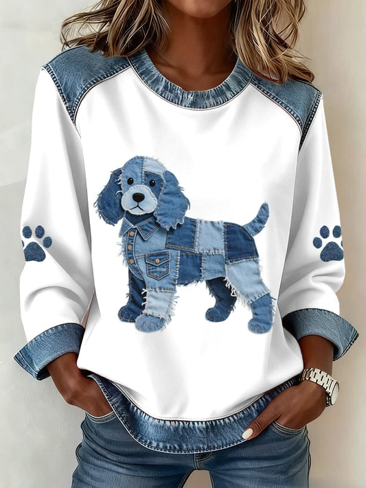 Mujer encantadora Cocker Spaniel Patrón Denim Patchwork Sudadera