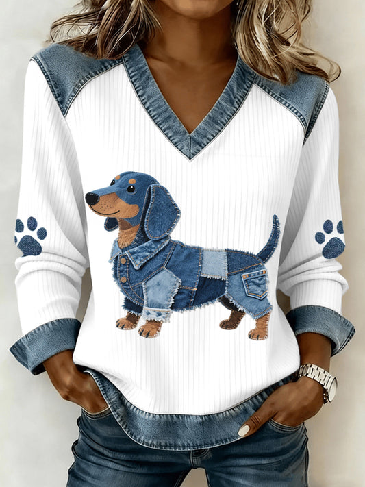 Encantador Dachshund Patrón Denim Patchwork V-Neck Top de mujer