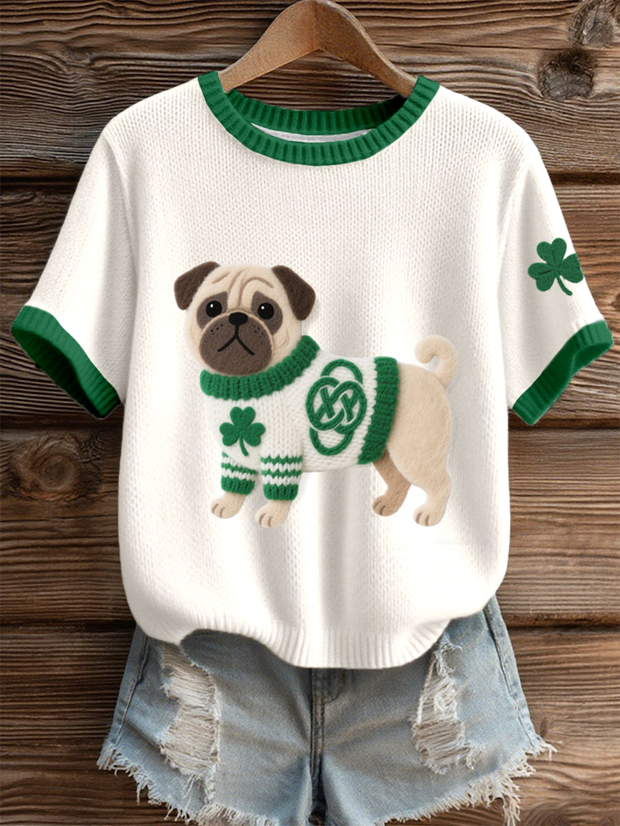 Top de punto inspirado en el día de San Patricio para mujer Pug Dog Pattern
