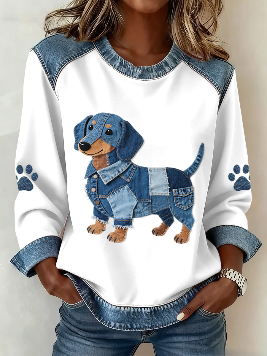 Mujer Encantadora Dachshund Patrón Denim Patchwork Sudadera