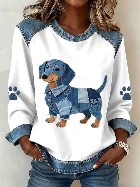 Mujer Encantadora Dachshund Patrón Denim Patchwork Sudadera