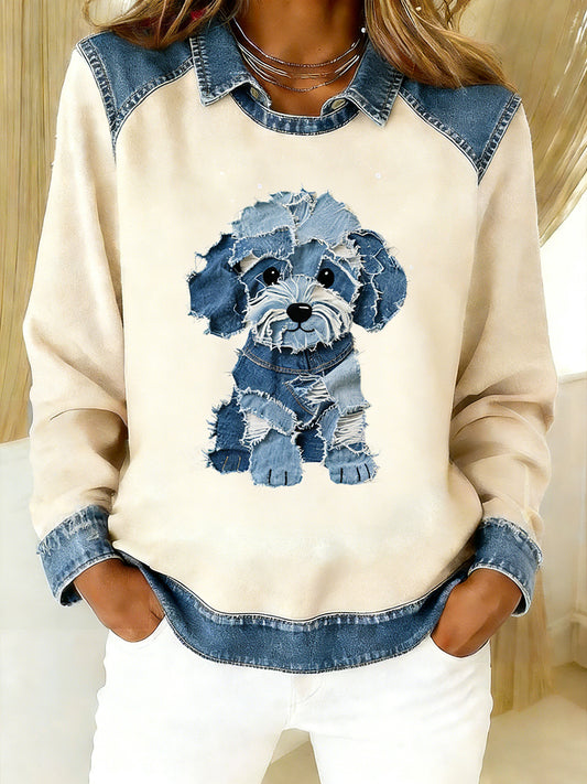 Top de retazos de mezclilla vintage para mujer con estampado de arte animal, casual y cómodo