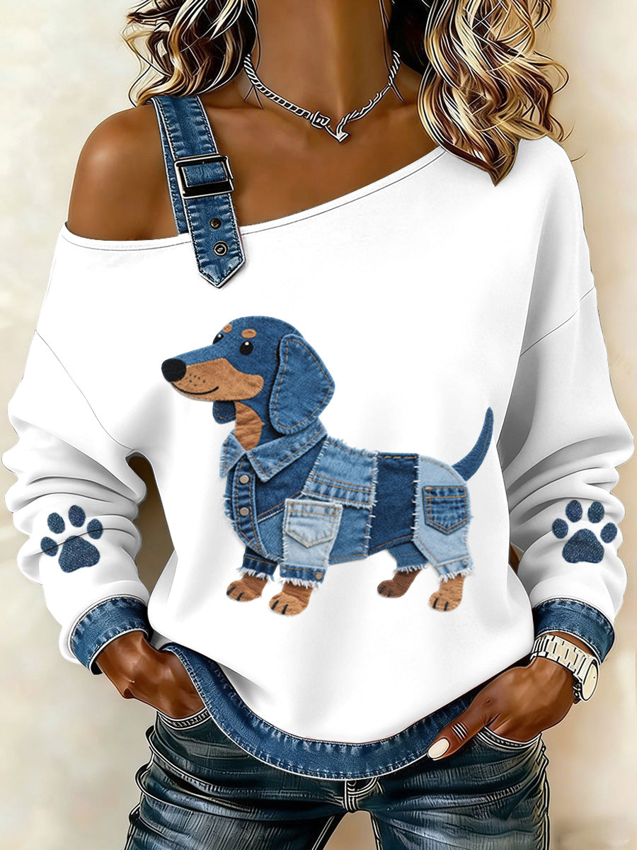 Encantador Dachshund Patrón Denim Patchwork Top de mujer