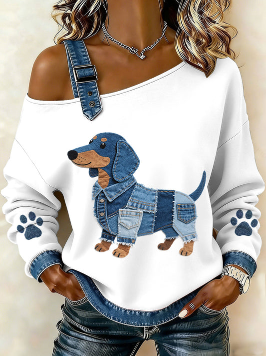 Encantador Dachshund Patrón Denim Patchwork Top de mujer