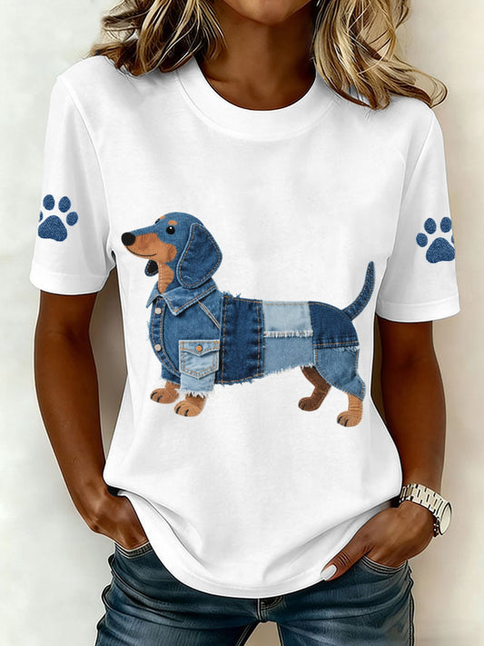 Denim Patchwork Art Dachshund Pattern para mujer
