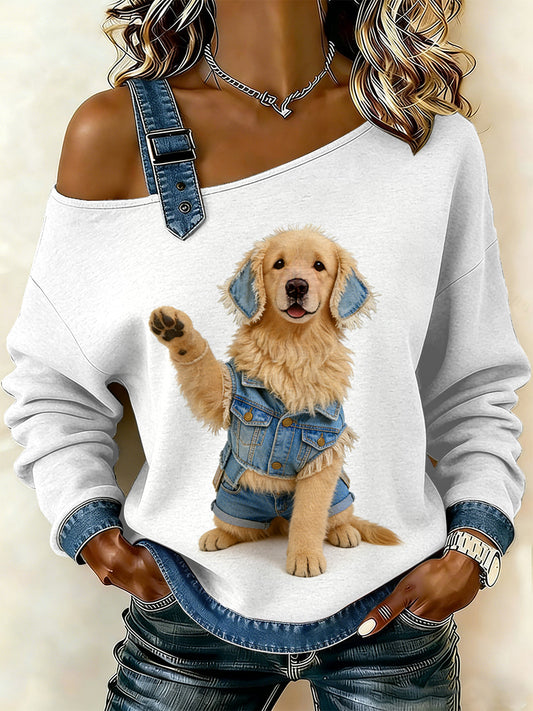 Sudadera casual con estampado de retazos de perro vintage para mujer