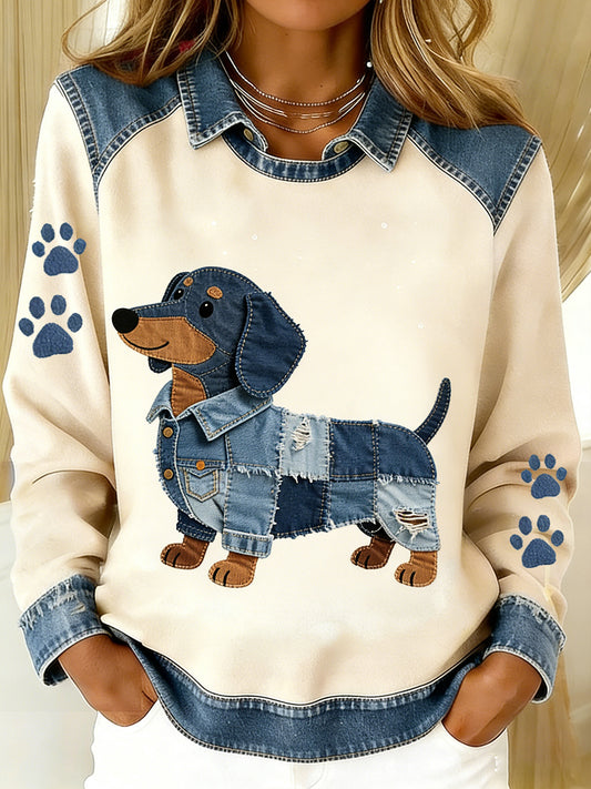 Top de retazos de mezclilla vintage para mujer con estampado de arte animal, casual y cómodo