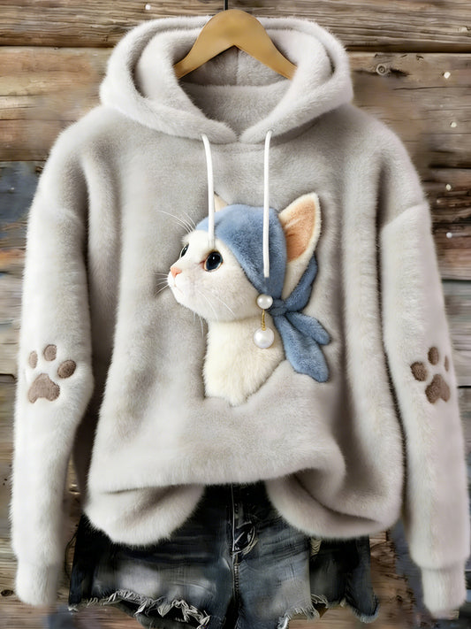 Sudadera con capucha de franela para mujer Cute Cat Cozy