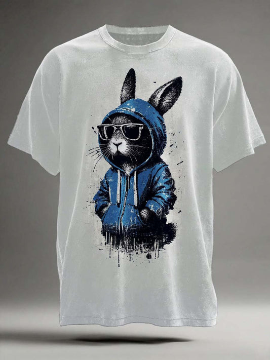 Camiseta de manga corta casual con estampado de conejo fresco