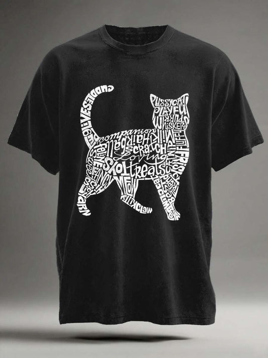 Camiseta de manga corta casual con estampado de gato de alfabeto abstracto