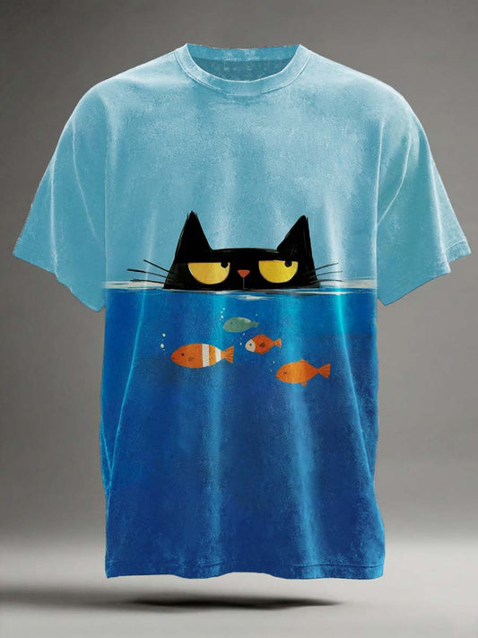 Camiseta de manga corta casual Funny Cat and Fish Print