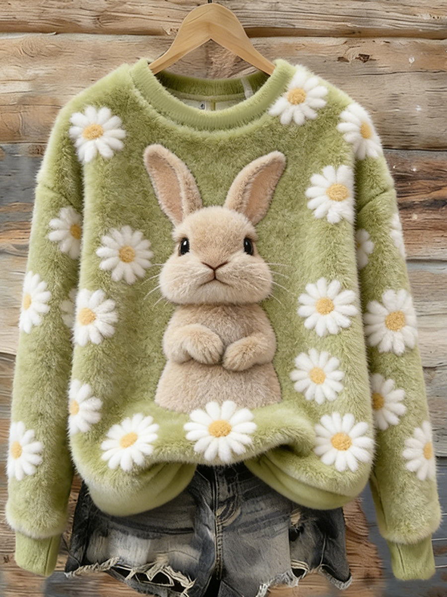 Mujeres lindo conejito arte redondo cuello acogedor franela sudadera