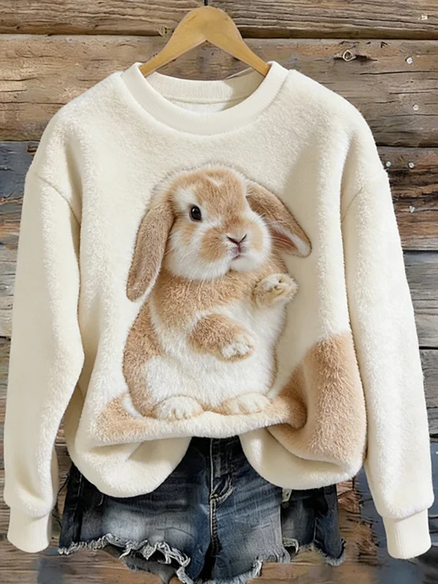 Mujeres lindo conejito arte redondo cuello acogedor franela sudadera
