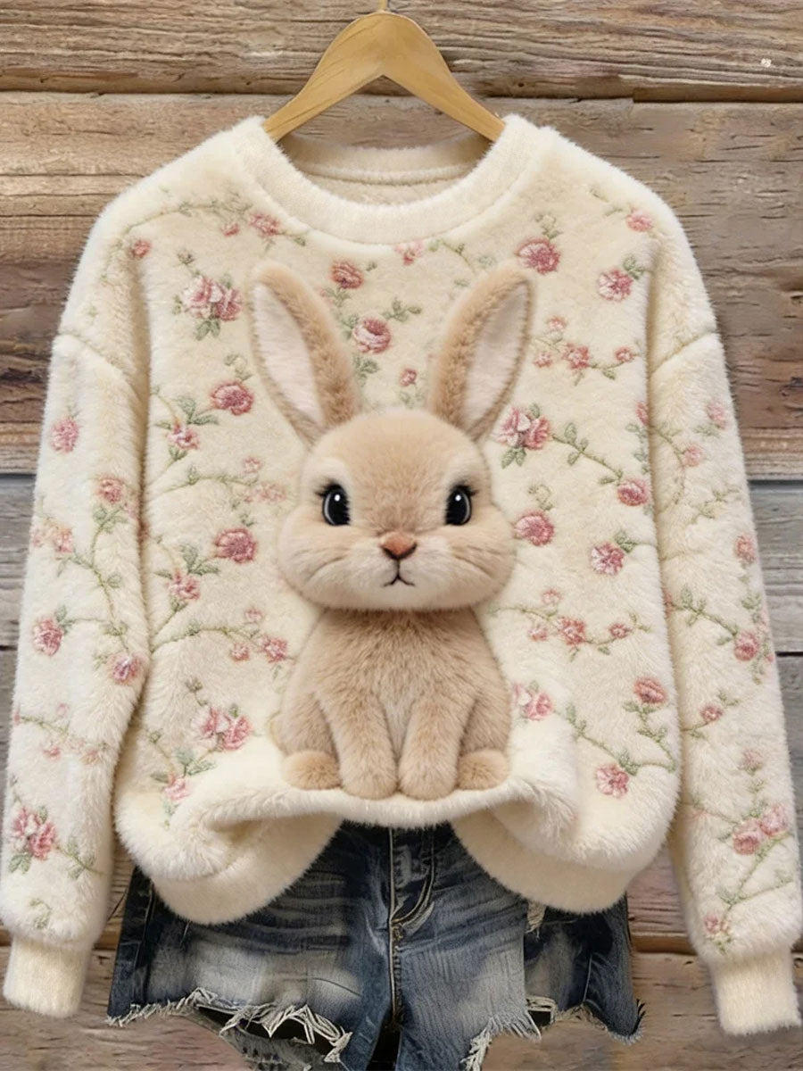 Mujeres lindo conejito arte redondo cuello acogedor franela sudadera
