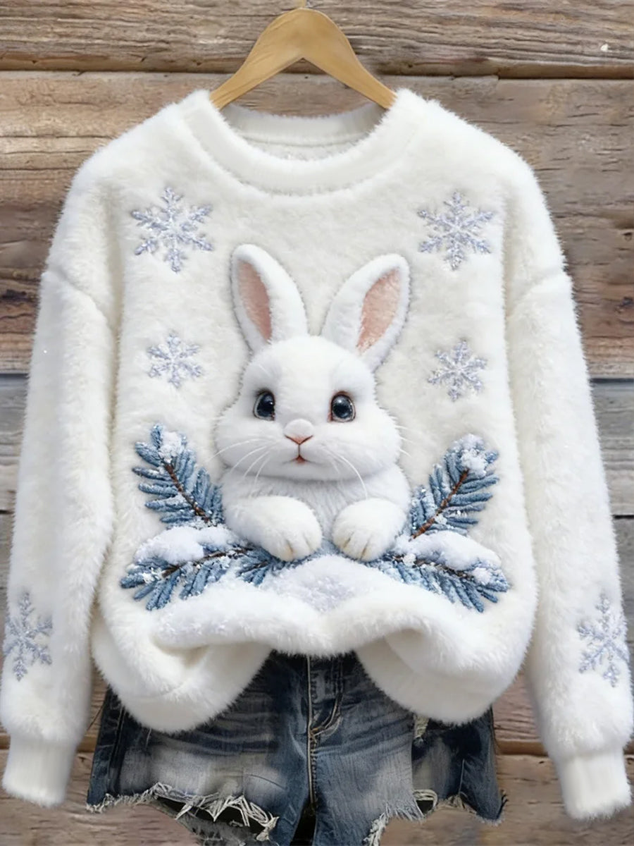 Mujeres lindo conejito arte redondo cuello acogedor franela sudadera
