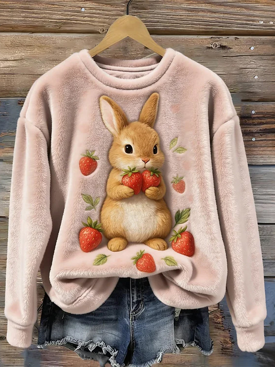 Mujeres lindo conejito y fresa arte acogedor cuello redondo acogedor franela sudadera
