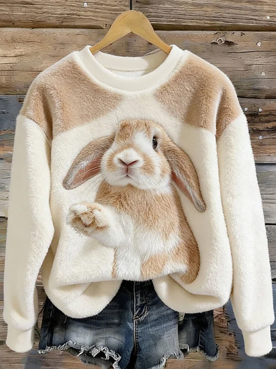 Mujeres lindo conejito arte redondo cuello acogedor franela sudadera