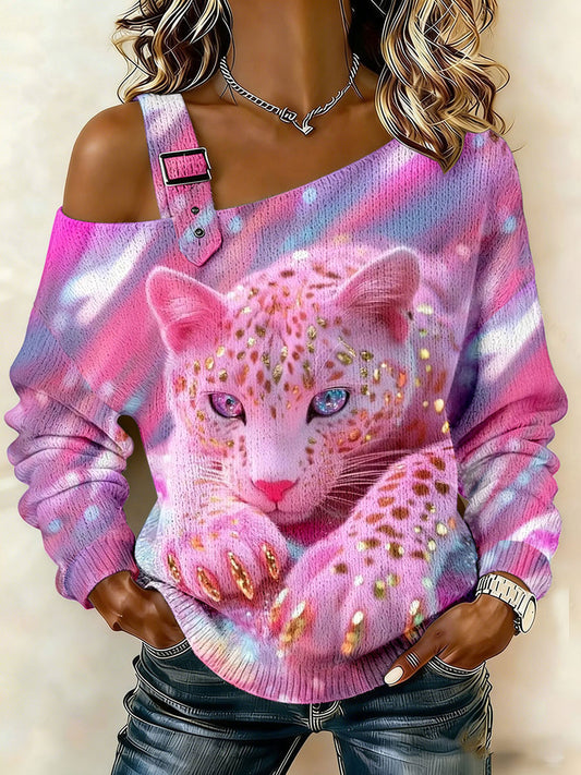 Tops con hombros desorbados y estampado de leopardo rosa para mujer