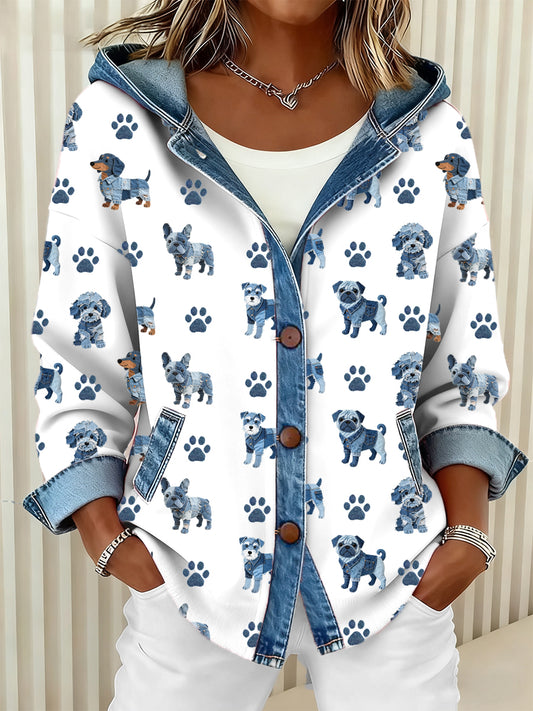 Encantador Perro Patrón Denim Patchwork Cardigan con capucha de las mujeres