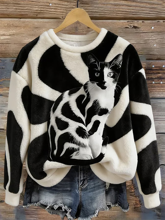Sudadera con capucha de franela de lindo gato para mujer
