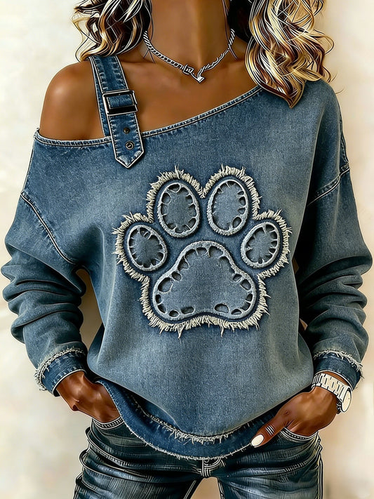 Retro lindo animal gato pata arte casual fuera del hombro diseño de manga larga sudadera de las mujeres