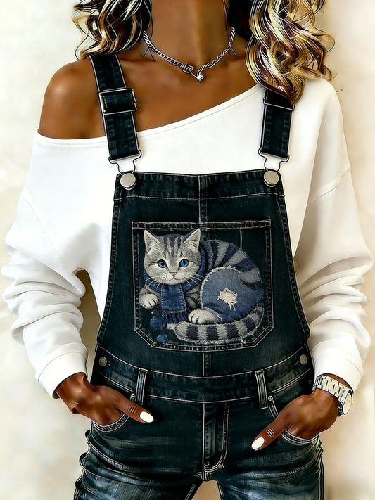 Mujeres retro lindo animal Denim patchwork gato arte cómodo Denim jumpsuit