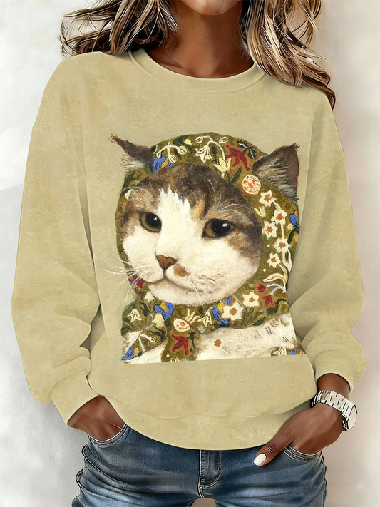 Sudadera regular con estampado de gato lindo para mujer