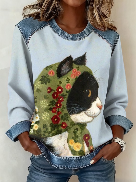 Mujeres lindo gato imprimir Denim Patchwork Top