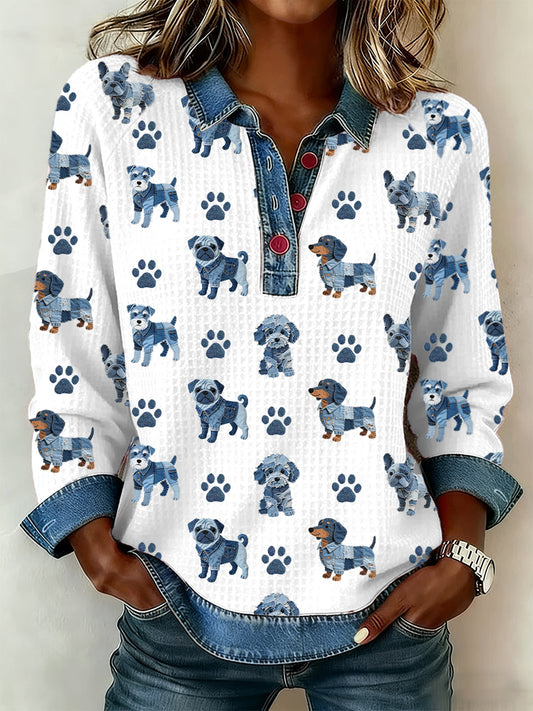 Mujer Encantadora Perro Patrón Denim Patchwork Top
