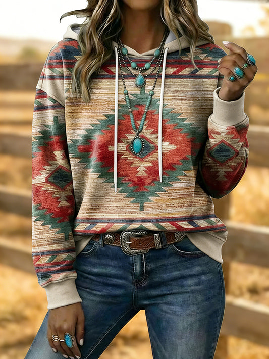 Sudadera con capucha vintage Western Aztec Art Drawstring para mujer