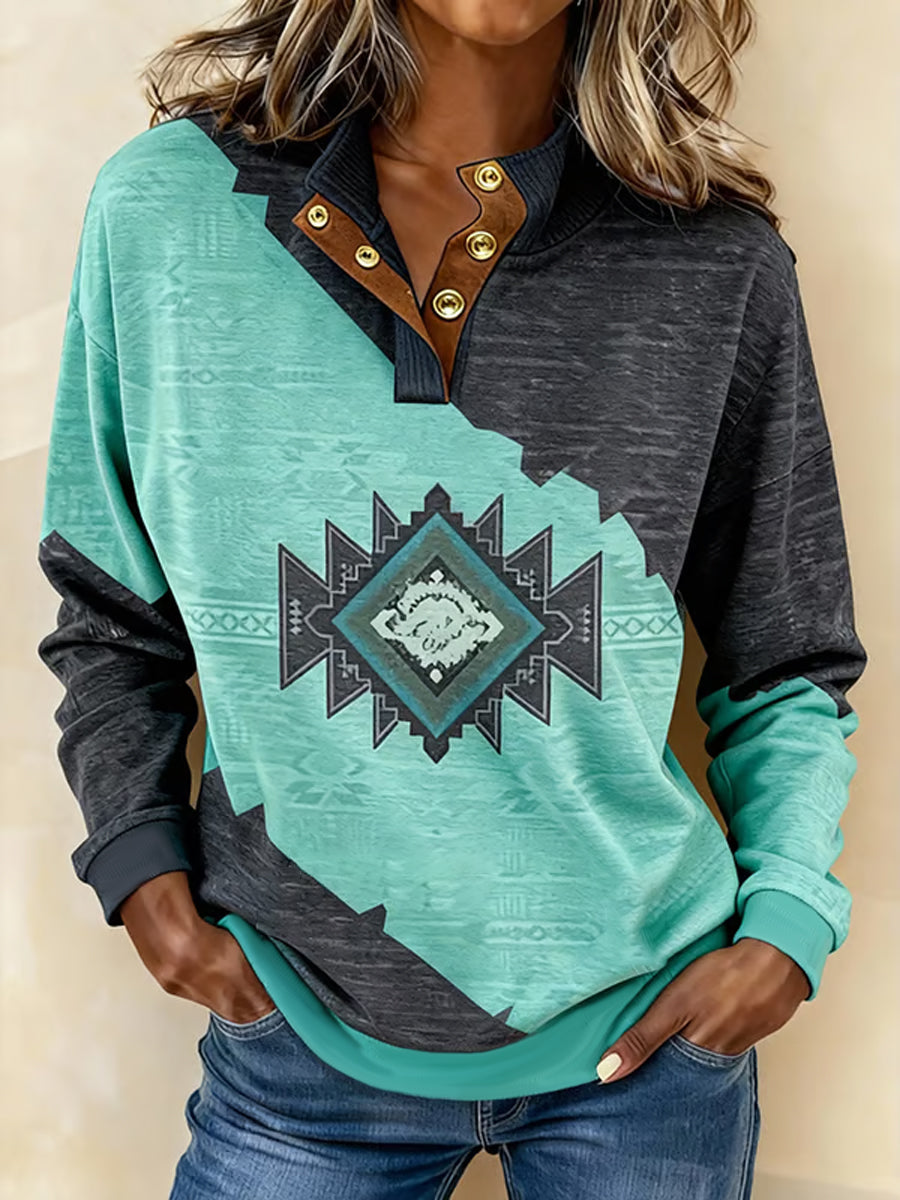 De las mujeres Vintage Western Aztec Art Button-up Stand-Collar Sudadera