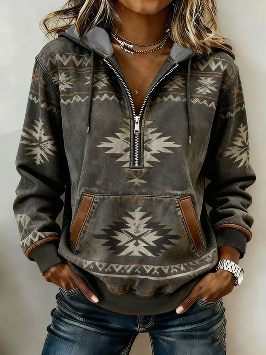 Mujer Vintage Western Aztec Patchwork Hooded Zipper Hoodie