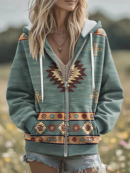 Mujer Vintage Western Aztec Art Zip-Up Hoodie