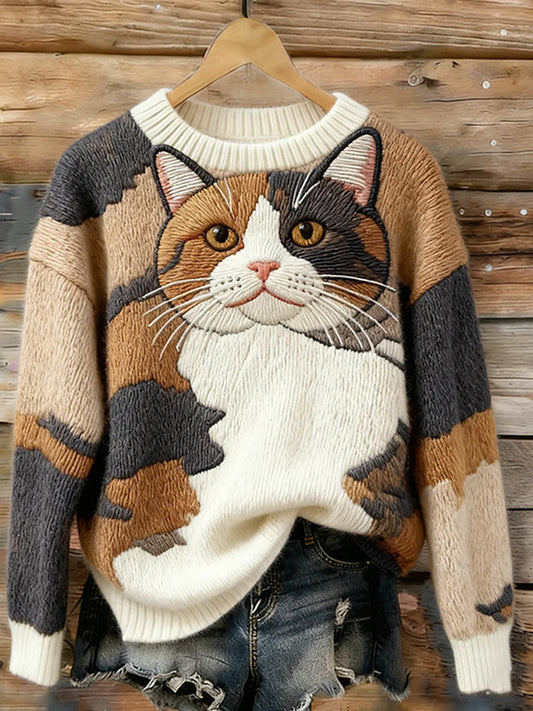 Suéter lindo del cuello del equipo del arte del gato de las mujeres