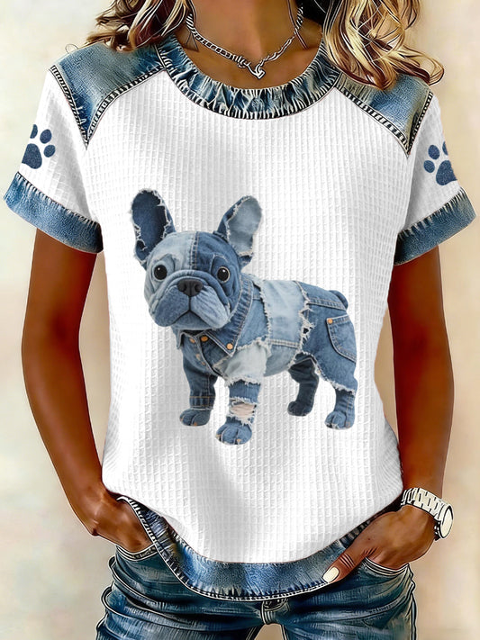 Encantador de las mujeres Bulldog Francés Patrón Denim Patchwork Top