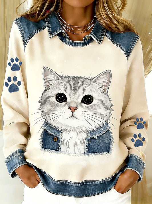 Top de retazos de mezclilla vintage para mujer con estampado de arte animal, casual y cómodo