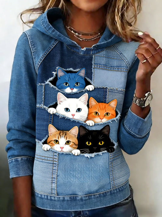 Retro Animal Print Cat-Face Denim Patchwork Art Casual Sudadera con capucha de mujer