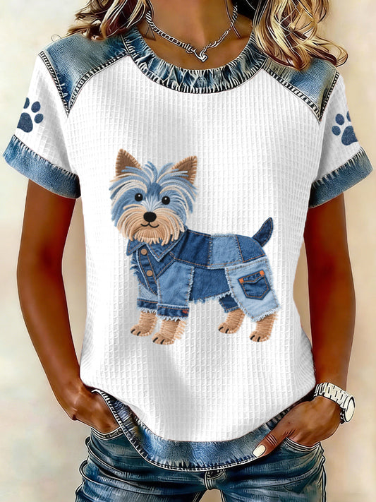 Mujer Lovely Yorkshire Terrier Pattern Denim Patchwork Top