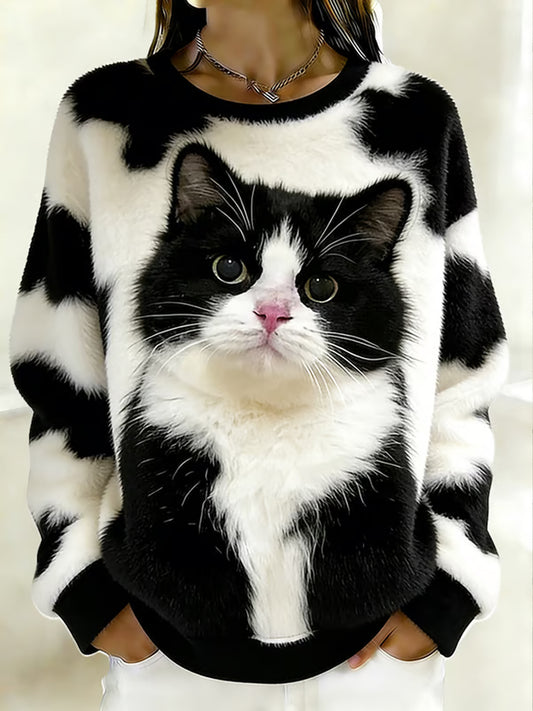 Sudadera de franela de cuello redondo de arte de gato lindo para mujer