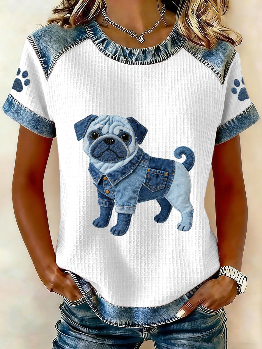Mujer Lovely Pug Pattern Denim Patchwork Top