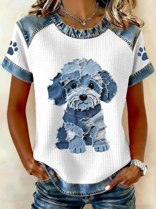Mujer Encantadora Perro Patrón Denim Patchwork Top