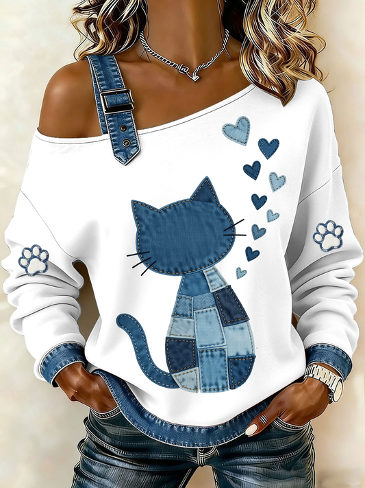 Mujer Denim Cat Impreso solo hombro Sudadera