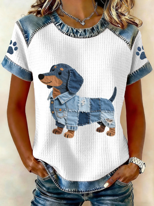 Encantador Dachshund Patrón Denim Patchwork Top de mujer