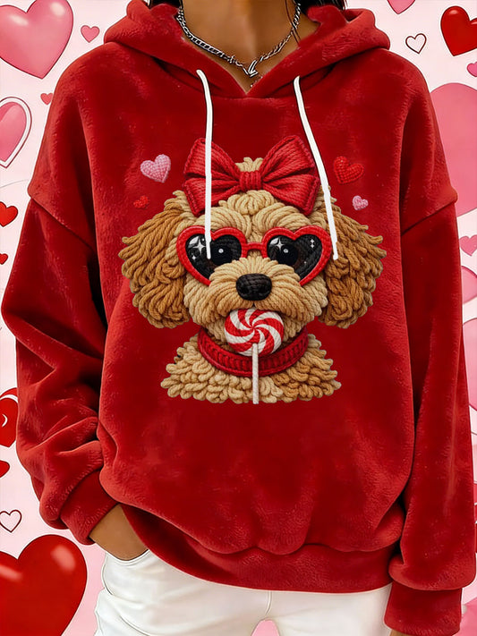 Sudadera con capucha de franela con estampado de perro de San Valentín para mujer