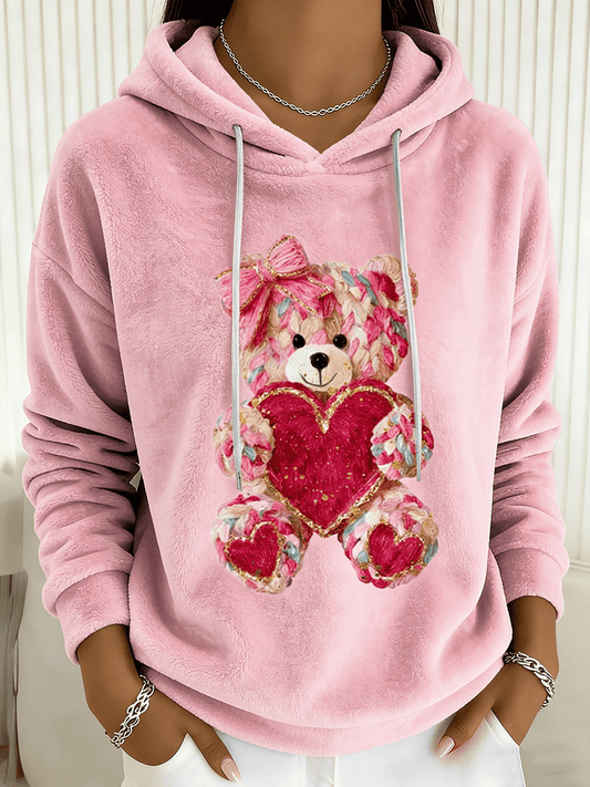 Sudadera con capucha de franela Cute Bear Valentine para mujer